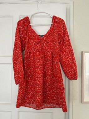 Red Floral Long-Sleeve Casual Dress
